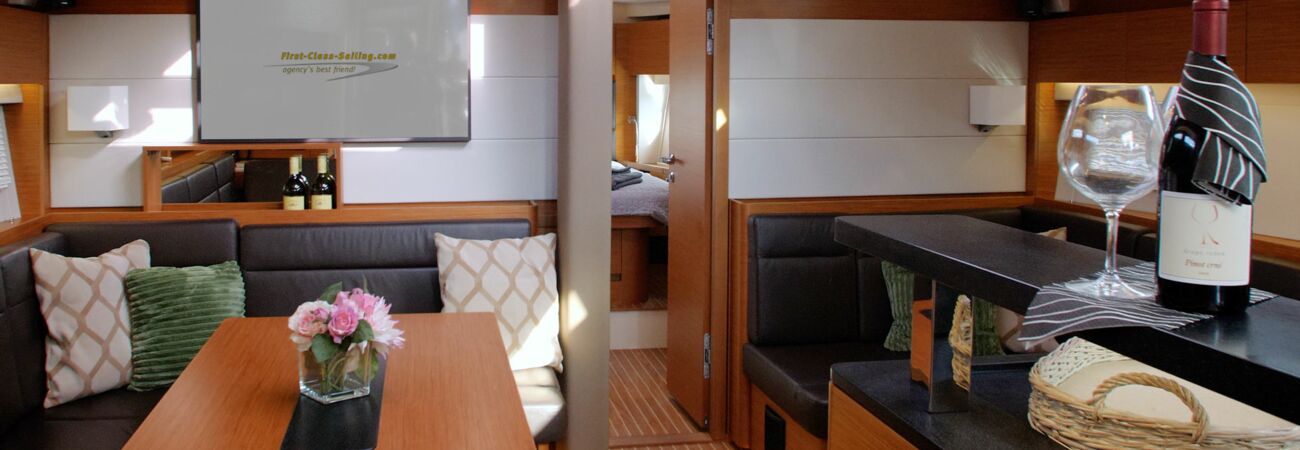 Salon Innenaufnahme der Hanse 588 „FitzRoy“ in Pula in Kroatien