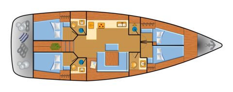 Decksplan der Segelyacht Bavaria cruiser 45 „Eva" mit vier Doppelkabinen, Salon und zwei Nasszellen – Yachtcharter Mallorca