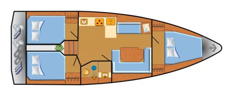 Decksplan der Segelyacht Bavaria C38 „Levante" mit drei Doppelkabinen, einer Nasszelle, Salon und Pantry – Yachtcharter Mallorca